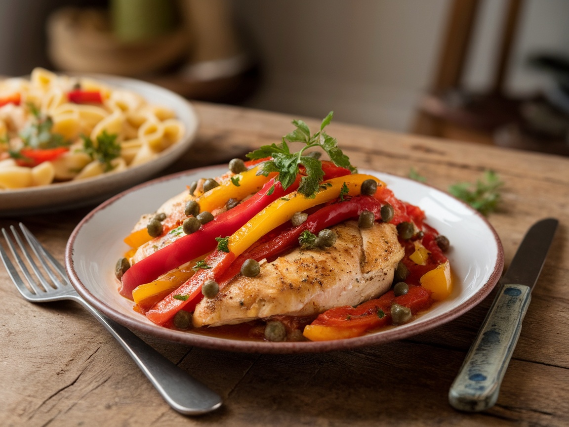 Sautéed chicken with bell peppers, pepperoncini, and capers presented on a rustic table.
